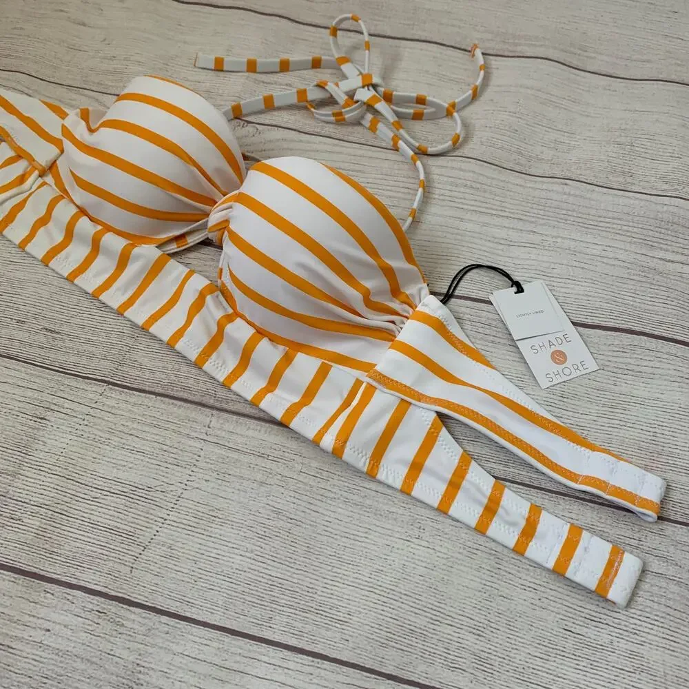 Shade & Shore Yellow and White Stripe Bikini Top Front Keyhole Halter Straps 34A